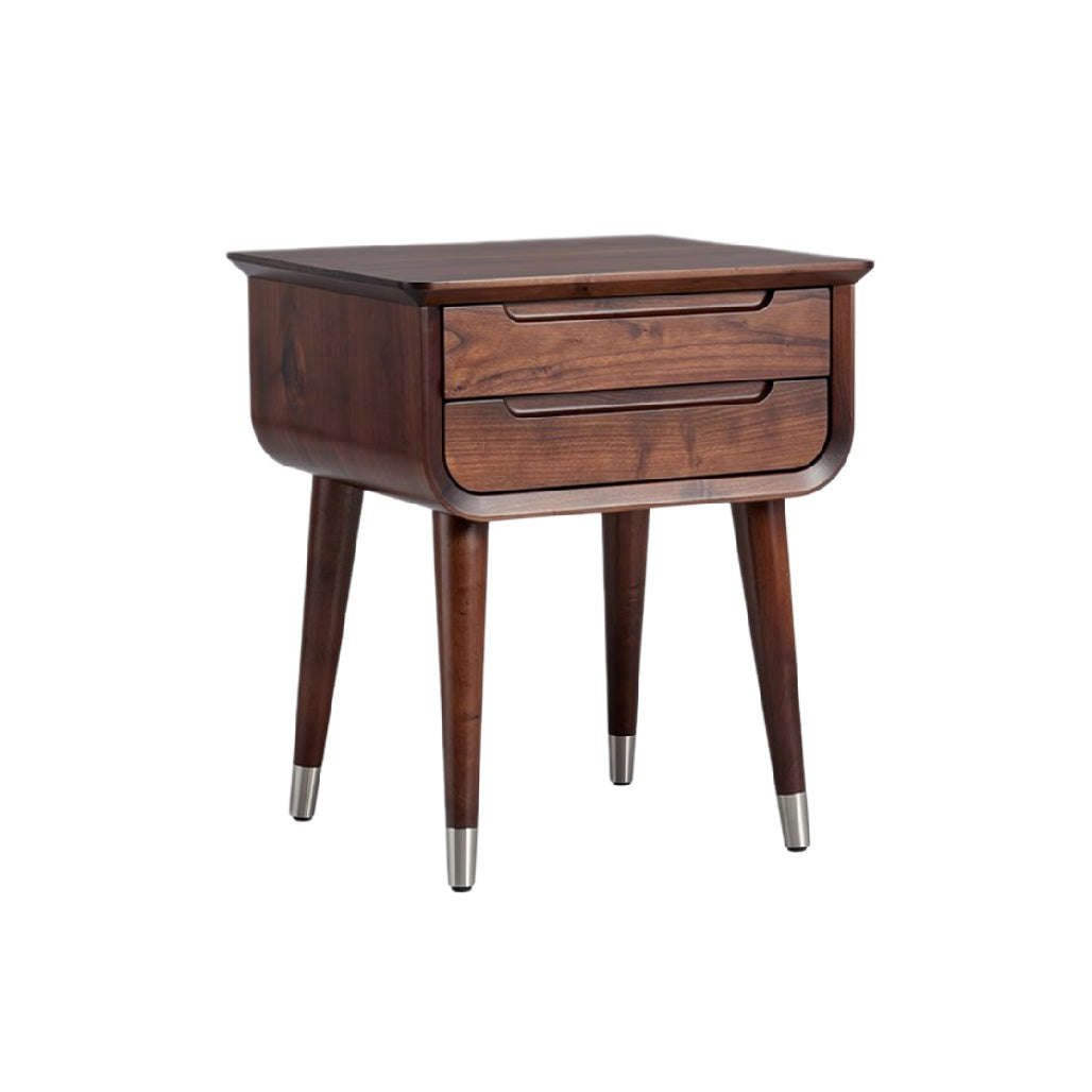 "Modern Wooden Nightstand with Two Drawers and Sleek Legs"